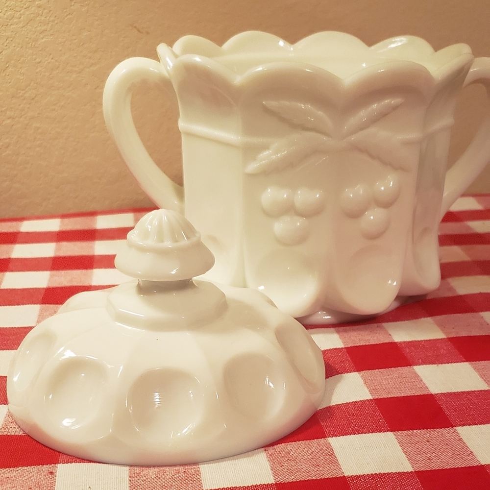 Vintage 1960 Westmoreland Cherry and Thumbprint Biscuit/Cookie Jar. Milk Glass